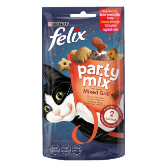 Felix Party Mix Grill mix Лакомство для взрослых кошек со вкусом курицы, говядины и лосося 60 г