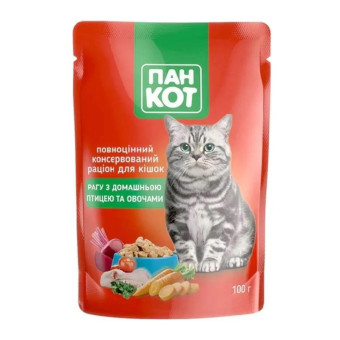 Пан Кот Влажный корм для взрослых кошек с домашней птицей и овощами 100 г