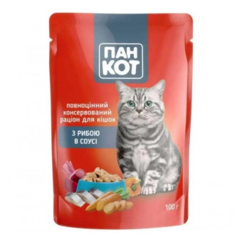Пан Кот Влажный корм для взрослых кошек с рыбой в соусе 100 г