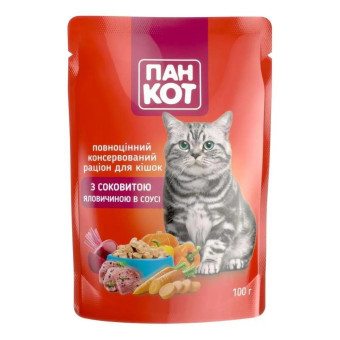 Пан Кот Влажный корм для взрослых кошек с говядиной в соусе 100 г