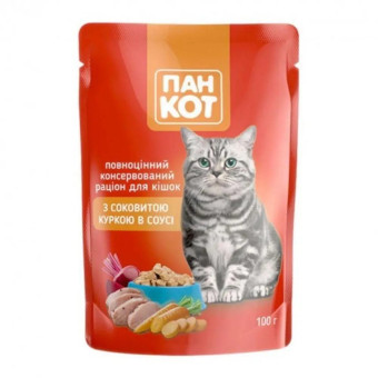 Пан Кот Влажный корм для взрослых кошек с курицей в соусе 100 г