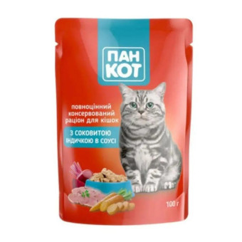 Пан Кот Влажный корм для взрослых кошек с индейкой в соусе 100 г