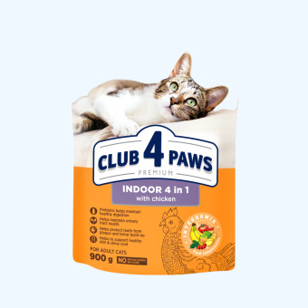 Клуб 4 Лапы Adult Cats Indoor 4 in 1 - сухой корм с курицей для кошек без доступа на улицу 900 г