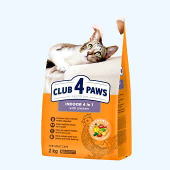 Клуб 4 Лапы Adult Cats Indoor 4 in 1 - сухой корм с курицей для кошек без доступа на улицу 2 кг