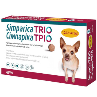 Жевательные таблетки Simparica TRIO - от глистов, блох и клещей для собак весом от 1.5 до 2.5кг 1 шт