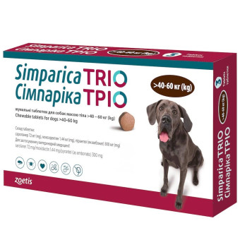 Жевательные таблетки Simparica TRIO - от глистов, блох и клещей для собак весом от 40 до 60 кг 1 шт