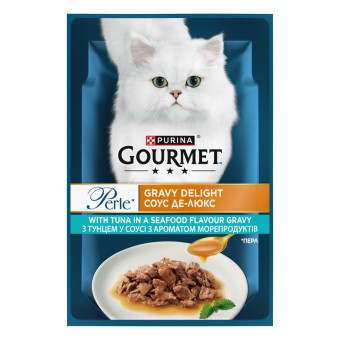 Gourmet Perle Mini Fillets Tuna с тунцом и ароматом морепродуктов для взрослых кошек 85 г