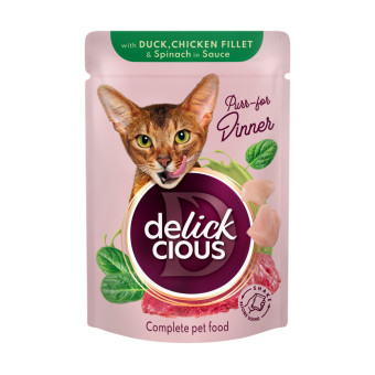 Delickcious кусочки с уткой, куриным филе и шпинатом в соусе 85 г
