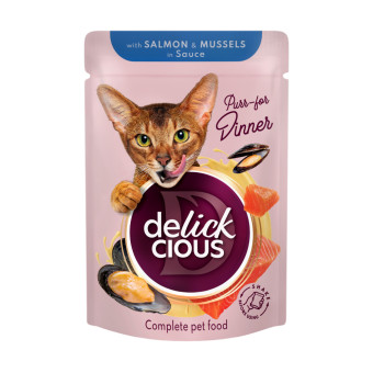 Delickcious кусочки с лососем и мидиями в соусе 85 г