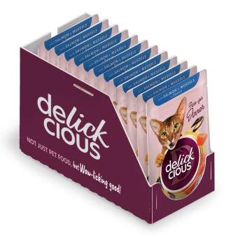 Delickcious кусочки с лососем и мидиями в соусе 85 г
