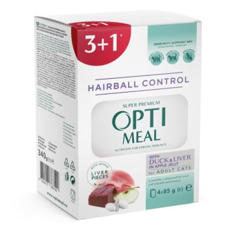 OPTIMEAL  набор 3+1 HAIRBALL CONTROL для взрослых котов с уткой и ливером 340 г