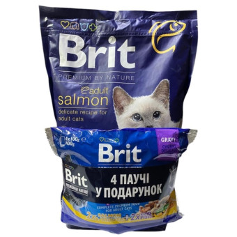 Brit Premium by Nature Adult Cat Сухой корм для кошек  с лососем 1.5 кг + 4 пауча в подарок